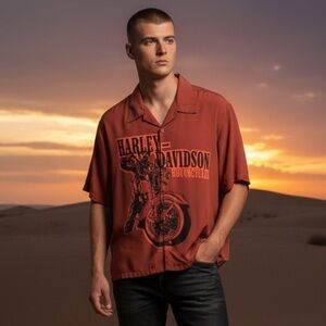 HARLEY-DAVIDSON ORANGE & BLACK Y2K BUTTON UP DUAL GRAPHIC PRINT SHIRT SIZE MED